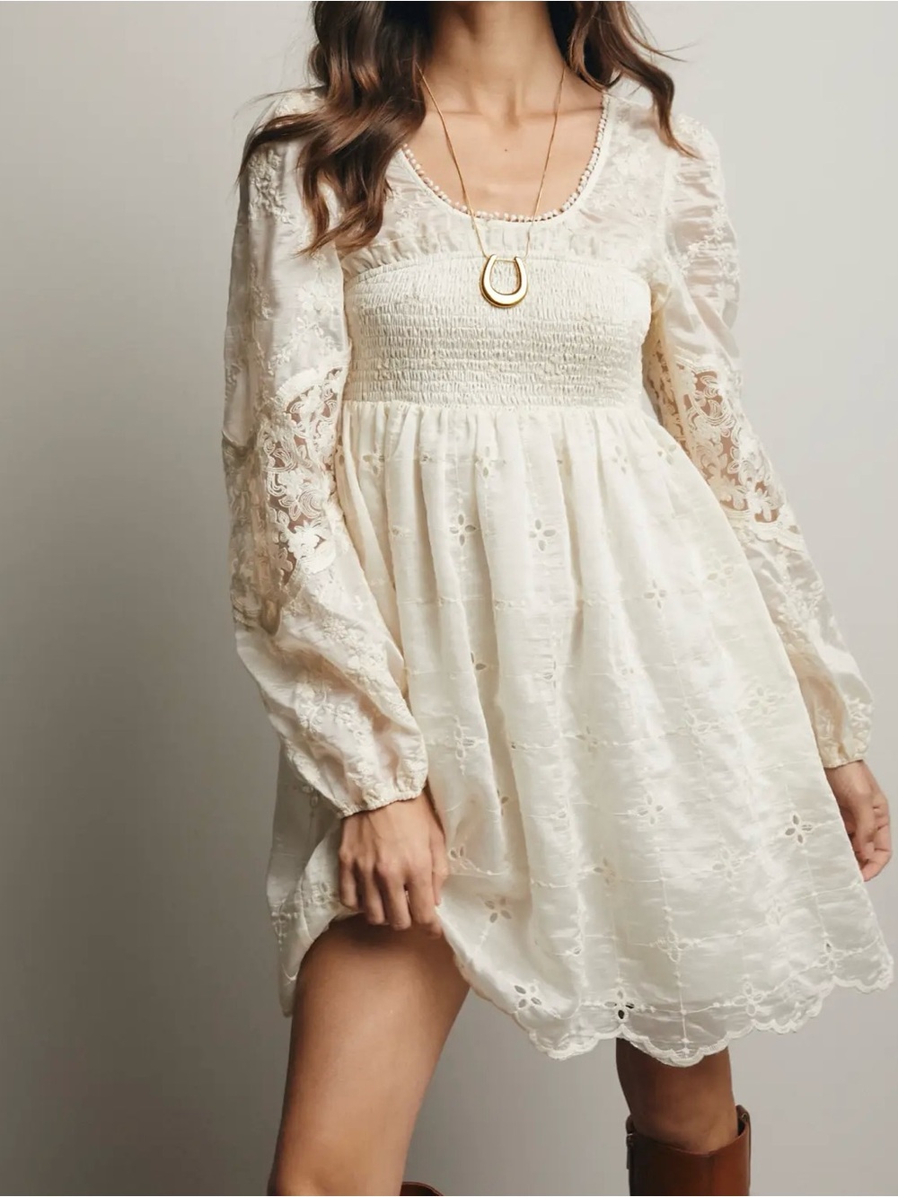 Forte Cream Eyelet Lace Smocked Mini Dress